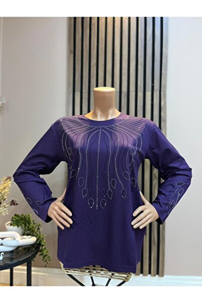 AKMAVİ Women's Middle Age and Above Round Neck Viscose Waterfall Patterned St...