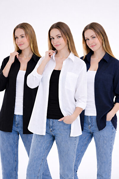 DEZZİİ 3-Piece Linen Shirt 100% Cotton Black White Navy