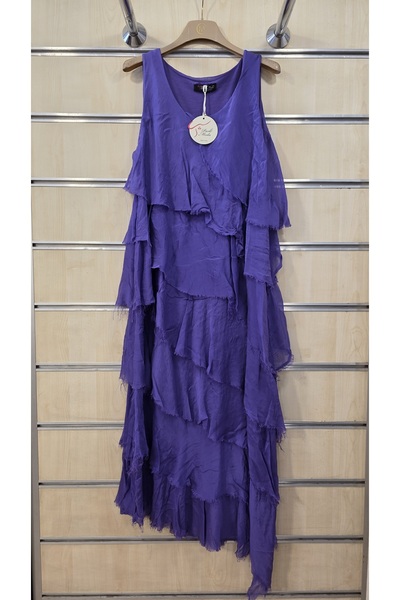 Park Moda Rochie italiană din mătase, fără mâneci, cu franjuri și croială asi...