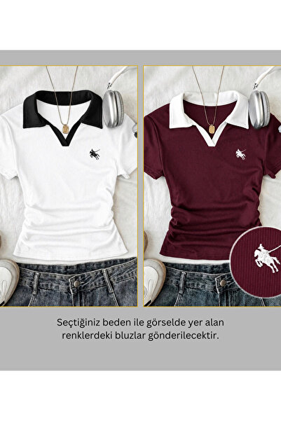Gofeel 2 Li Soul Renkli Polo Yaka Nakışlı Büzgülü Bluz