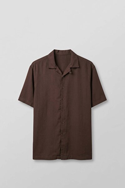 ablukaonline Men's Relaxed Fit Open Collar Short Sleeve Tencel Shirt Brown