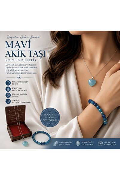 CEVŞEN HANEM Mavi Akik Taşı Kolye & Bileklik Set - Doğal Taş Kolye ve Bileklik