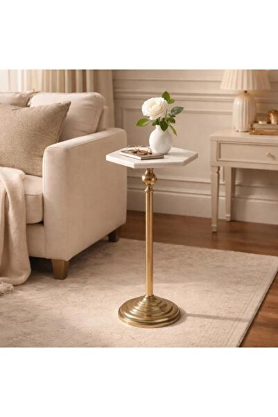BAYTI Elegant Marble Top Hexagonal End Table with Gold Metal Base Classic Lux...