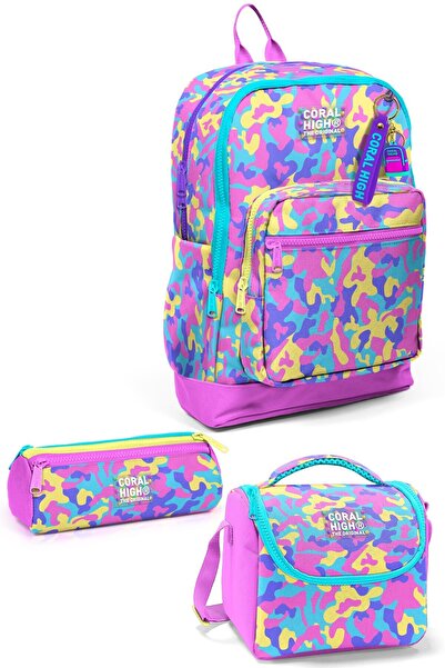 Coral High Kids Pembe Sarı Lavanta Kamuflaj Desenli 3’lü Okul Çanta Seti SET0...
