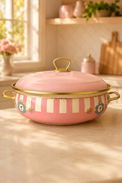 PR HOME Alaria Pink Deep Curved Enamel Karnıyarık Pilav Pot 26 cm
