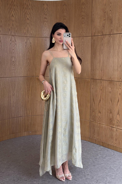 My Blog Ada Tea Color Embroidered Strap Maxi Dress - 3437