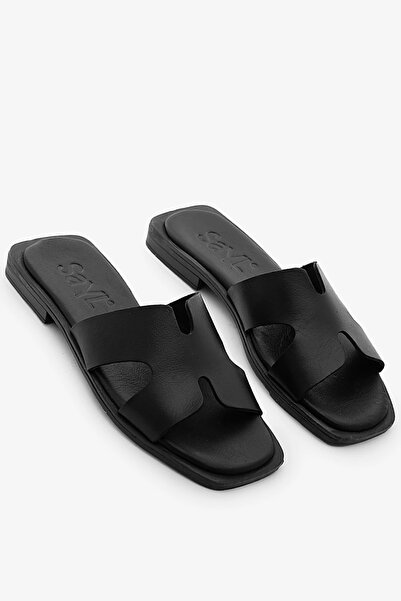 SAYL Papuci negri din piele naturală pentru femei, cu bandă H