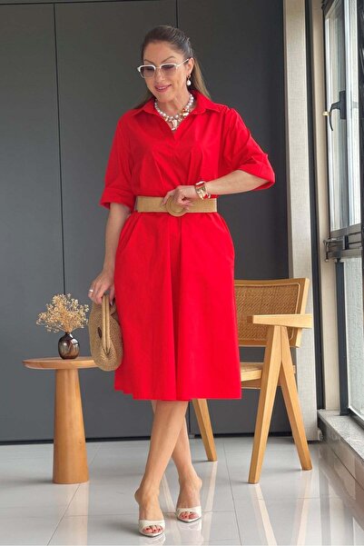 MİSLİNA BUTİK Kırmızı Oversize Poplin Elbise