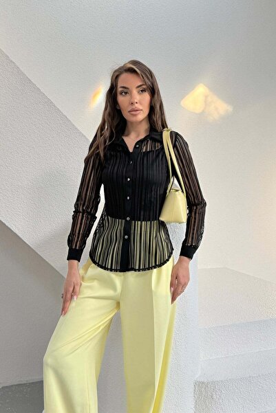 RB CLUB Black Body Detailed Transparent Striped Blouse