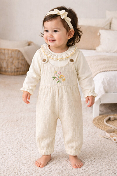 PofudukButik Pofuduk Butik Kız Bebek Çiçek Nakışlı ve Fırfır Detaylı Triko tulum