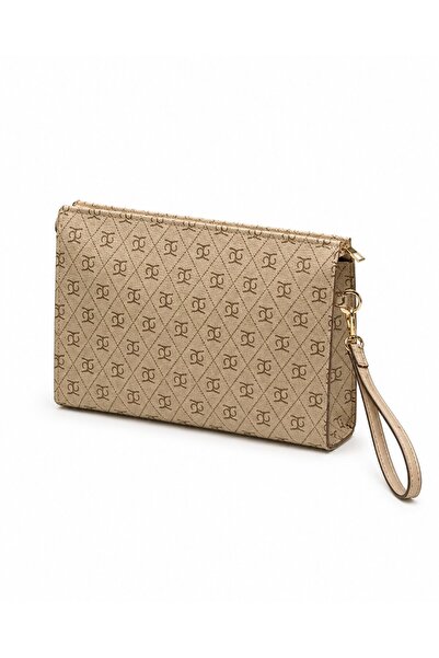 Timburly 3’lü Kadın Monogram Desenli Clutch Portföy Çanta Seti Krem Kahverengi Antrasit Fermuarlı Bilek Askılı El Çantası