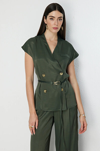 Ekol Beli Belted Double Breasted Satin Vest Khaki