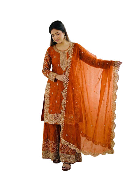 MYSMAR Orange Fendy Silk Embroidered Palazzo Set with Dupatta - HRT7819 | Orange