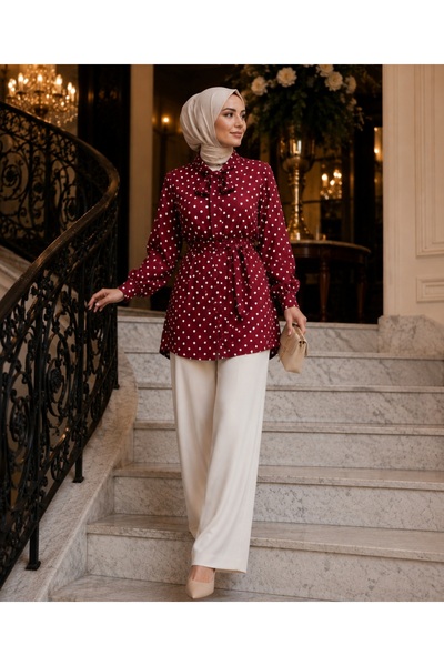 Budan Export Women's Polka Dot Bow Collar Belted Long Hijab Tunic Shirt