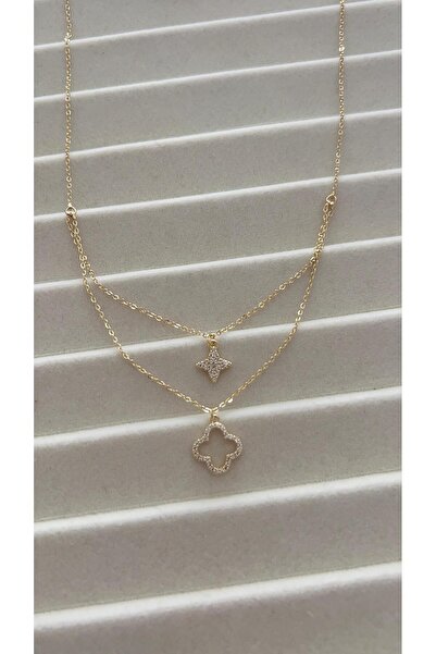 Goche Zircon Stone Double Layer Clover Necklace Gold Color Stylish Women's Ne...