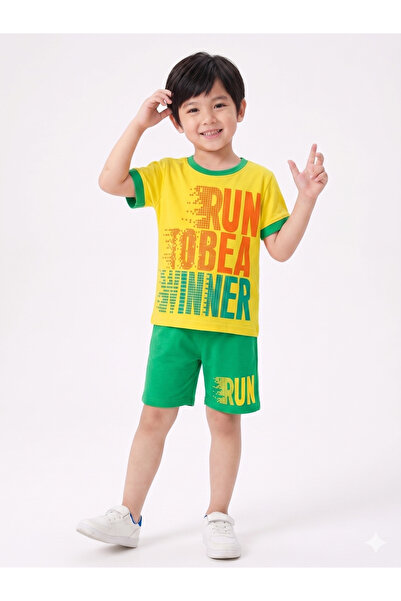 Masal Dünyası Bursa Boys' Run to Be a Winner Written Cotton T-Shirt Shorts Set