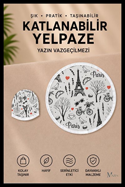 MAZEN Eyfel Kulesi Desenli Katlanabilir Yuvarlak Yazlık Taşınabilir El Yelpaz...