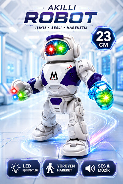YILDIRIM OYUNCAK Işıklı Sesli Hareketli Robot Oyuncak 23cm – Yürüyen LED Akıl...