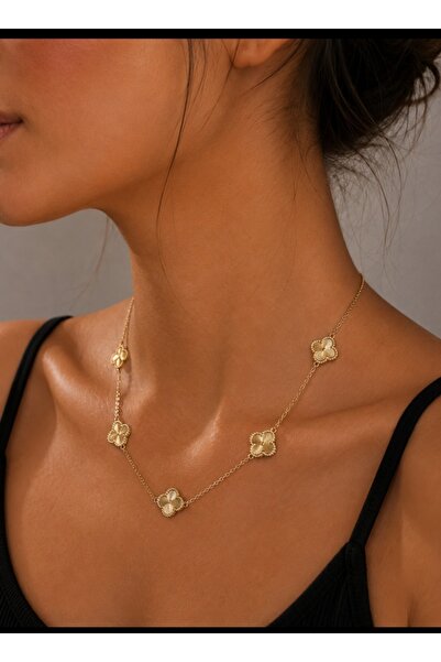 asyabutikcaddebostan Gold Color Clover Figured Women's Necklace
