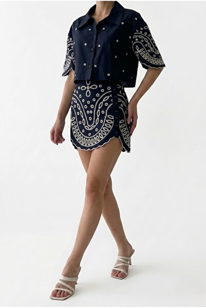 LOKADI Navy Blue Embroidered Scallop Detailed Crop Shirt and Mini Skirt Two-P...