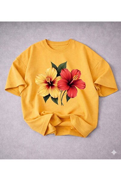 Revasser Women's Floral Special Printed Oversize Crew Neck Combed Cotton T-Shirt