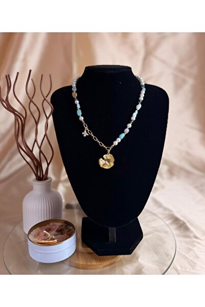 ANKA JEWELLRY Blue Natural Stone and Flower-Figured Pearl-Detail Gold Steel W...