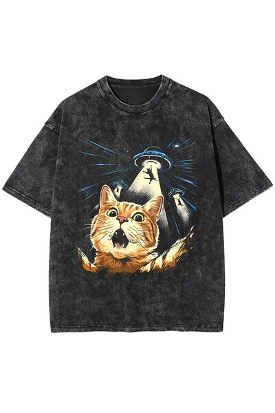 Le Savu Alien Cat Printed Unisex Washable Vintage Oversize T-Shirt