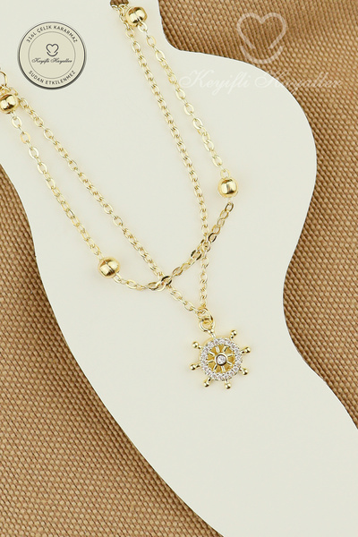 Keyifli Hayaller 316L Çelik Halhal - 14K Taşlı Gemici Dümeni Dorika Birleşik Zincir Çelik Halhal 22+4cm