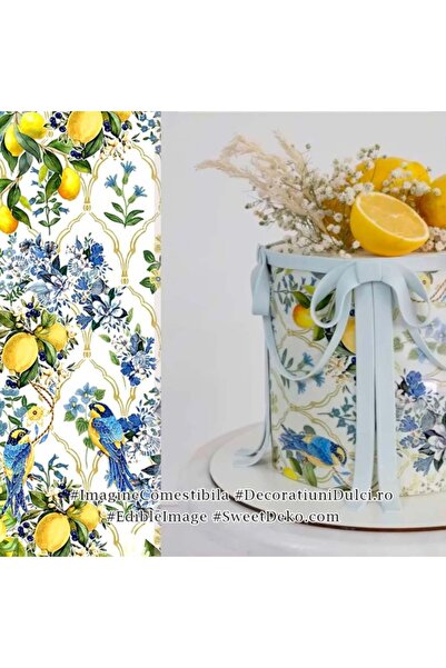 Decoratiuni Dulci Foaie comestibila model mediteranean cu lamai si pasari albastre - Coala icing