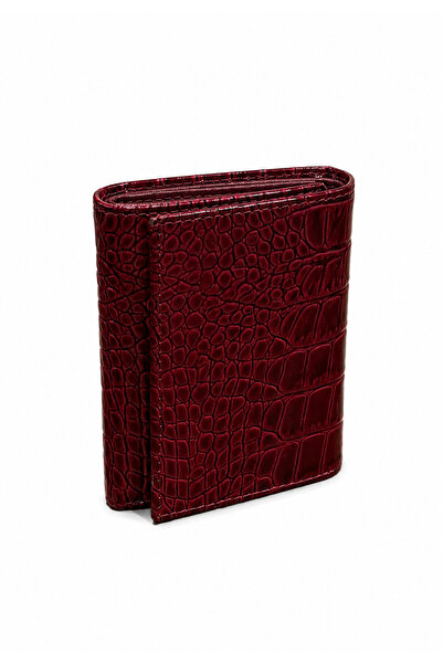 Basics&More Genuine Leather Crocodile Patterned Claret Red Mini Wallet