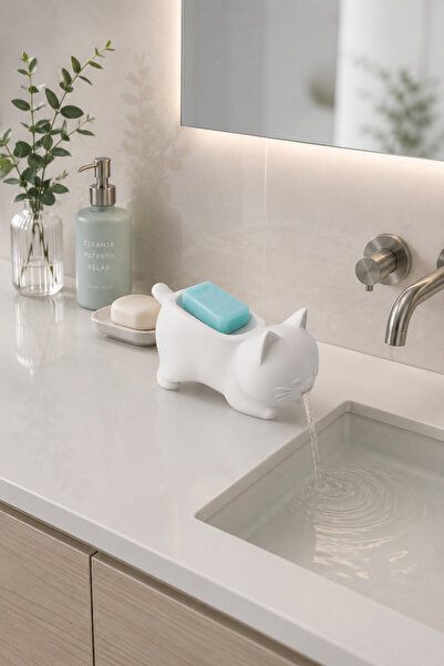 Arvella Studio Cat Design Solid Soap Dish and Dish Sponge Stand – Modern Bath...