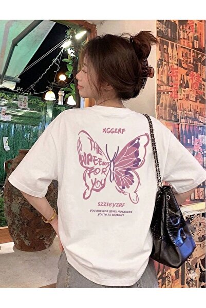 LELVANİ Women's Pink Butterfly Printed Comfortable T-Shirt Suitable for Daily...