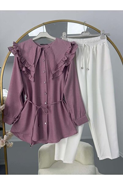 modasindoma Ruffle Collar Lace-Up Tunic Pants Set Pink