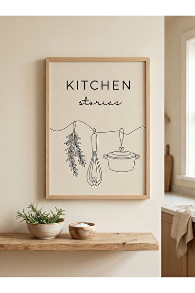 DEKORASOR Kitchen Stories Yazılı Krem Tonları Line Art Ahşap Çerçeveli Tablo ...