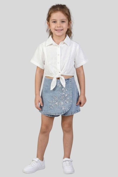 ww waka waka kids store Set pentru fete: Fustă scurtă din denim brodat și căm...