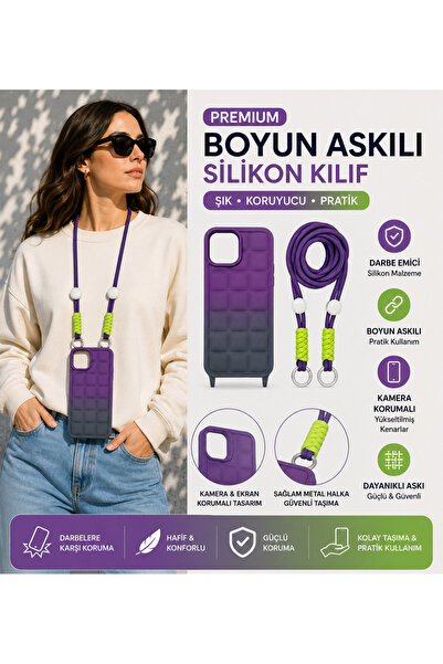Nettech iPhone 15 Pro Premium Boyun Askılı Silikon Kılıf Kamera Korumalı