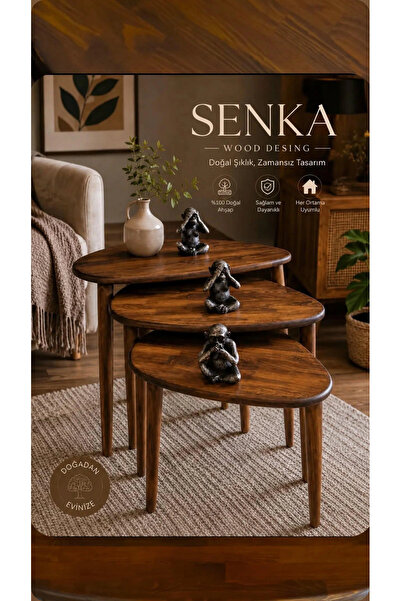 Senka Wood Doğal Masif Ahşap Modern İskandinav asimetrik 3lü Zigon sehpa takımı CEVİZ