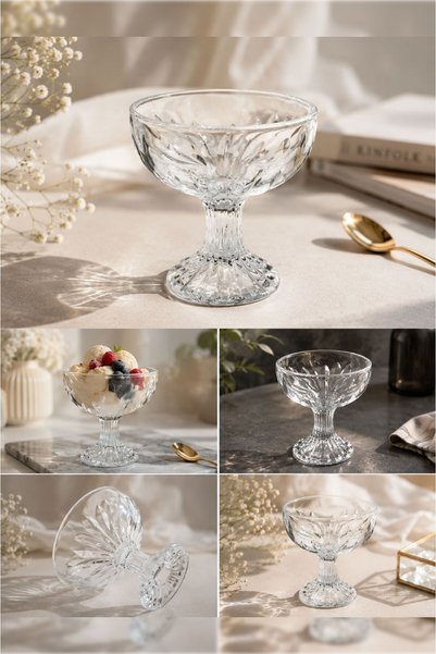 BLN HOME Crystal Glass Ice Cream Bowl Set of 3 with Stands for Dessert Presentation Cup