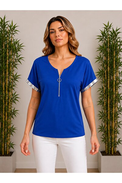 moda wanilia Women's V-Neck Short Sleeve Viscose Blouse with Shiny Detail at ...