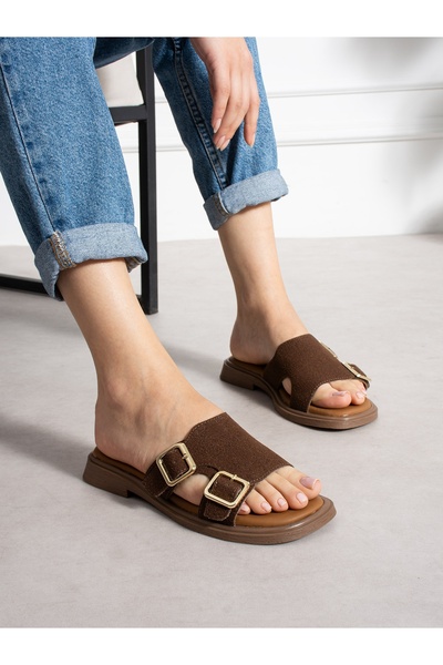 ALEMDAR AYAKKABI Torvina Brown Buckle Detailed Women's Slippers