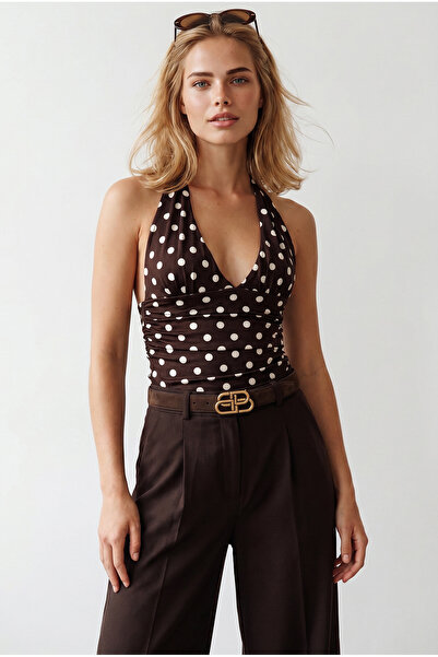 Olalook Women's Polka Dot Brown Halter Neck Double Layer Polyamide Blouse Blz...