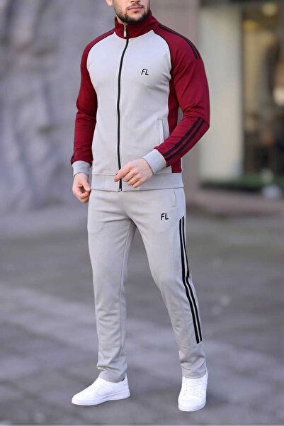 Fors Life New Season Men's Ribbed Tracksuit Set, Burgundy-Grey