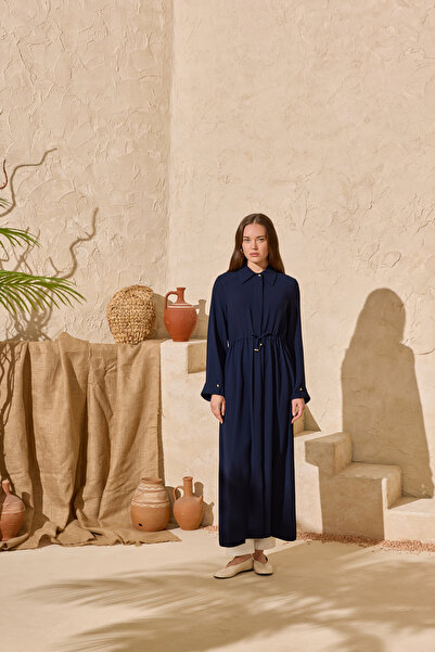 Aker Navy Blue Belted Elastic Detailed Coat