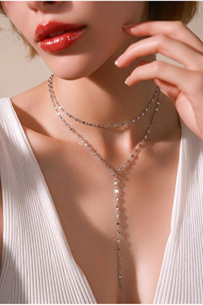 nevamor Steel Minimal Double Y Chain Silver Color Necklace