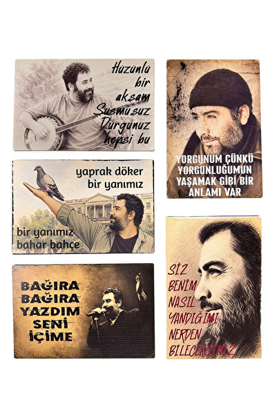 limly Ahmet Kaya 5'li Ahşap Retro Poster Seti
