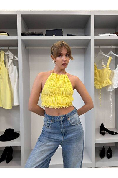 FLOWERİNG Women's Yellow Lace-Trimmed Gipeli Bustier