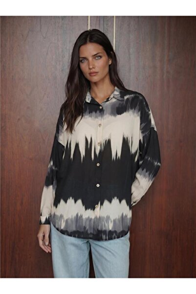 WeShaya Black Orange Patterned Oversize Long Sleeve Buttoned Shirt Collar Pol...