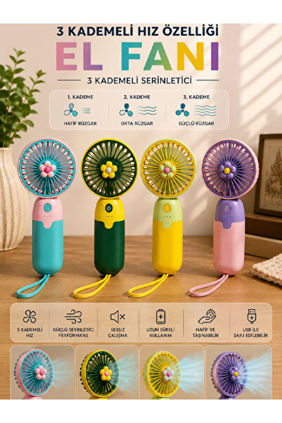 moryconcept Şarjlı Çiçek Desenli Mini El Fanı 3 Kademeli – Taşınabilir USB Şa...