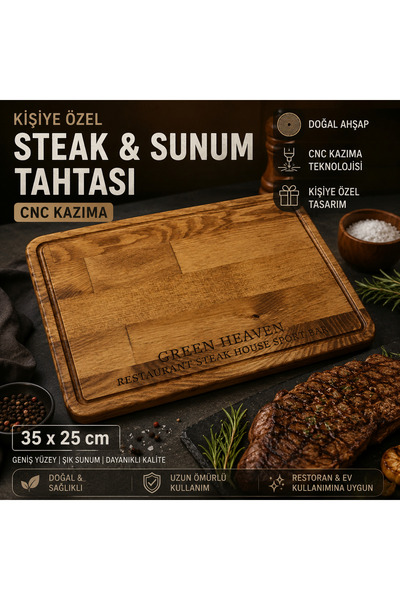 BOZKURT CNC Kişiye Özel CNC Kazımalı Steak & Et Sunum Tahtası – 35x25 cm