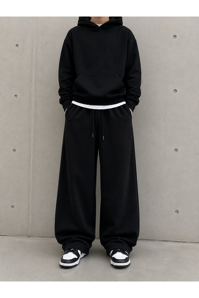 ADR MODA Unisex Black High Waist Wide Leg Sweatpants with Side Pockets
